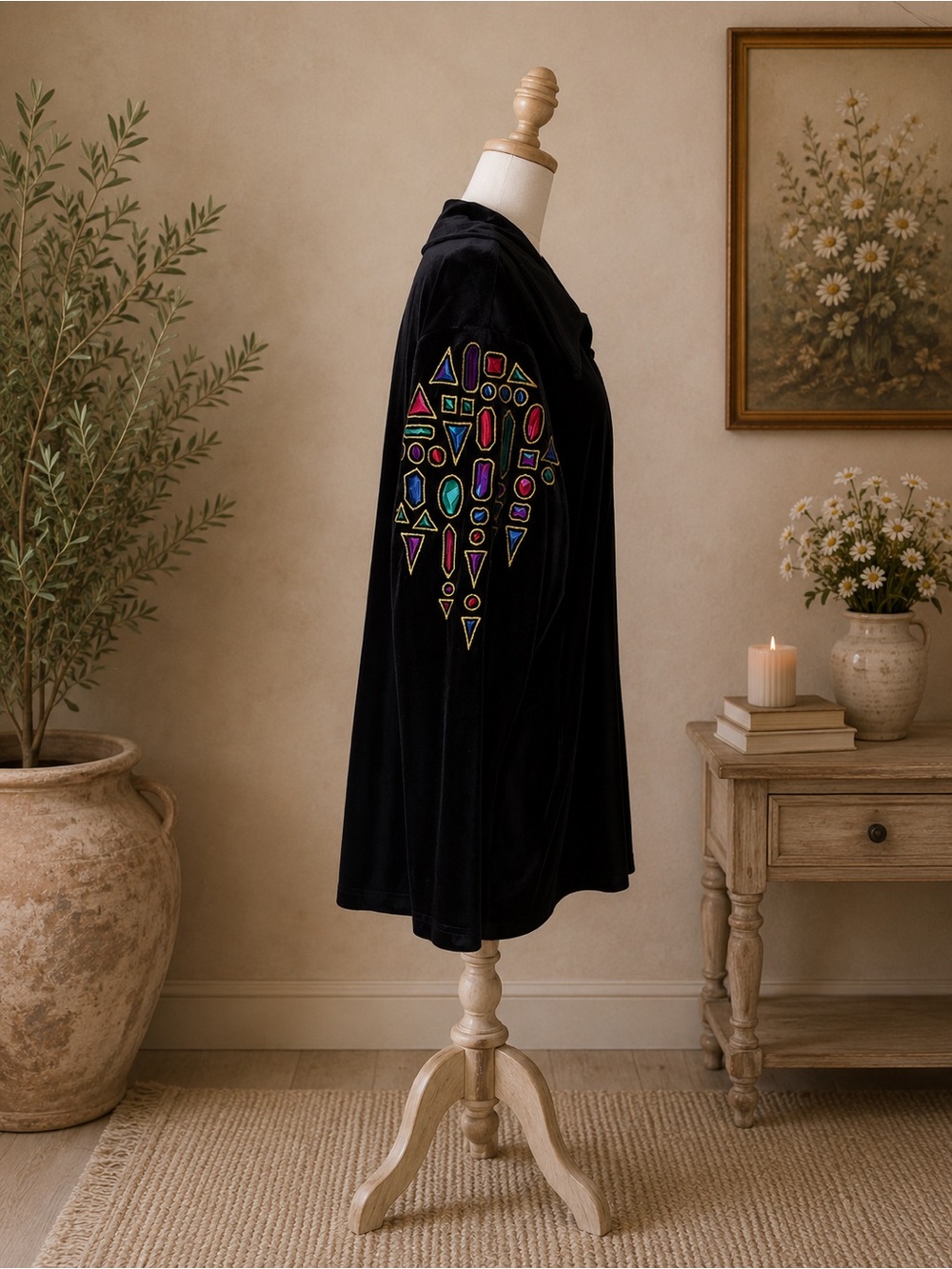 Bob Mackie Wearable Art Velour Zip Jacket 2X Black Embroidered Art To Wear Jewel - Picture 6 of 9